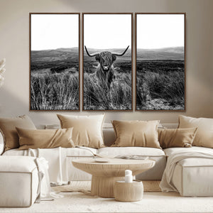 Black and White Highland Cow Canvas Wall Art, Longhorn