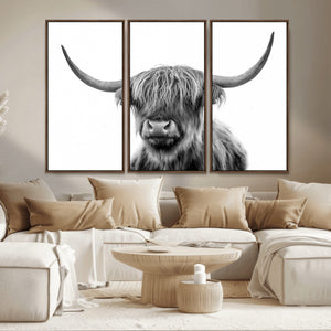 Grayscale Scottish Highland Cow Cattle Art Print Farmhouse