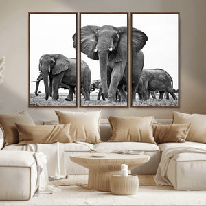Black White Elephant Family Wall Art Canvas Print
