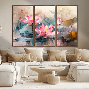 Lotus Flower Wall Art | 3-Panel Giclee Canvas Print of Pink