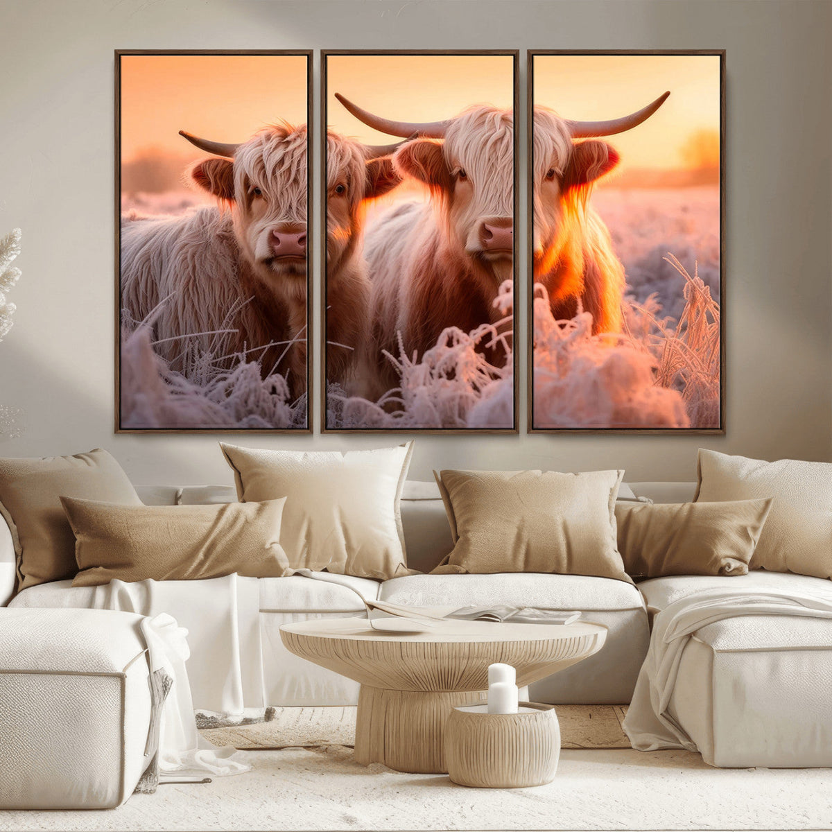 Highland Cows at Sunrise Wall Art Canvas Set – Serene and