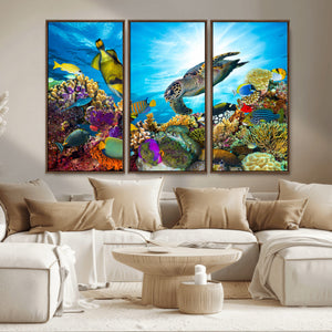 Colorful Coral Reef and Sea Life Turtle Canvas Print,