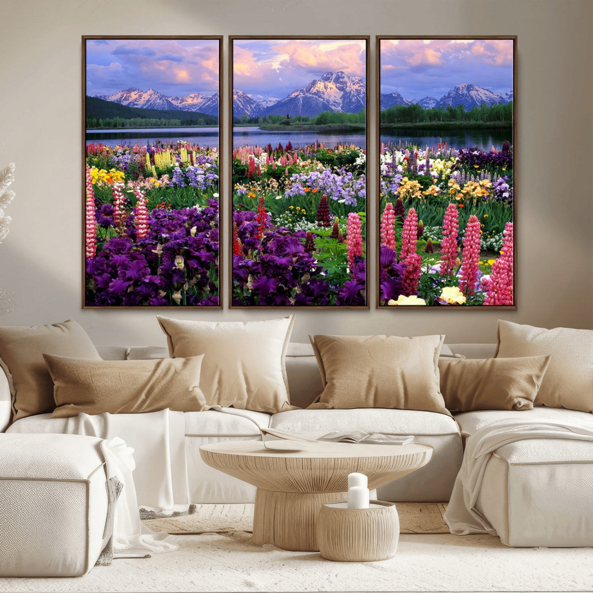 Vibrant Wildflower Garden and Mountain View Giclee Canvas