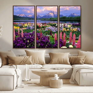 Vibrant Wildflower Garden and Mountain View Giclee Canvas