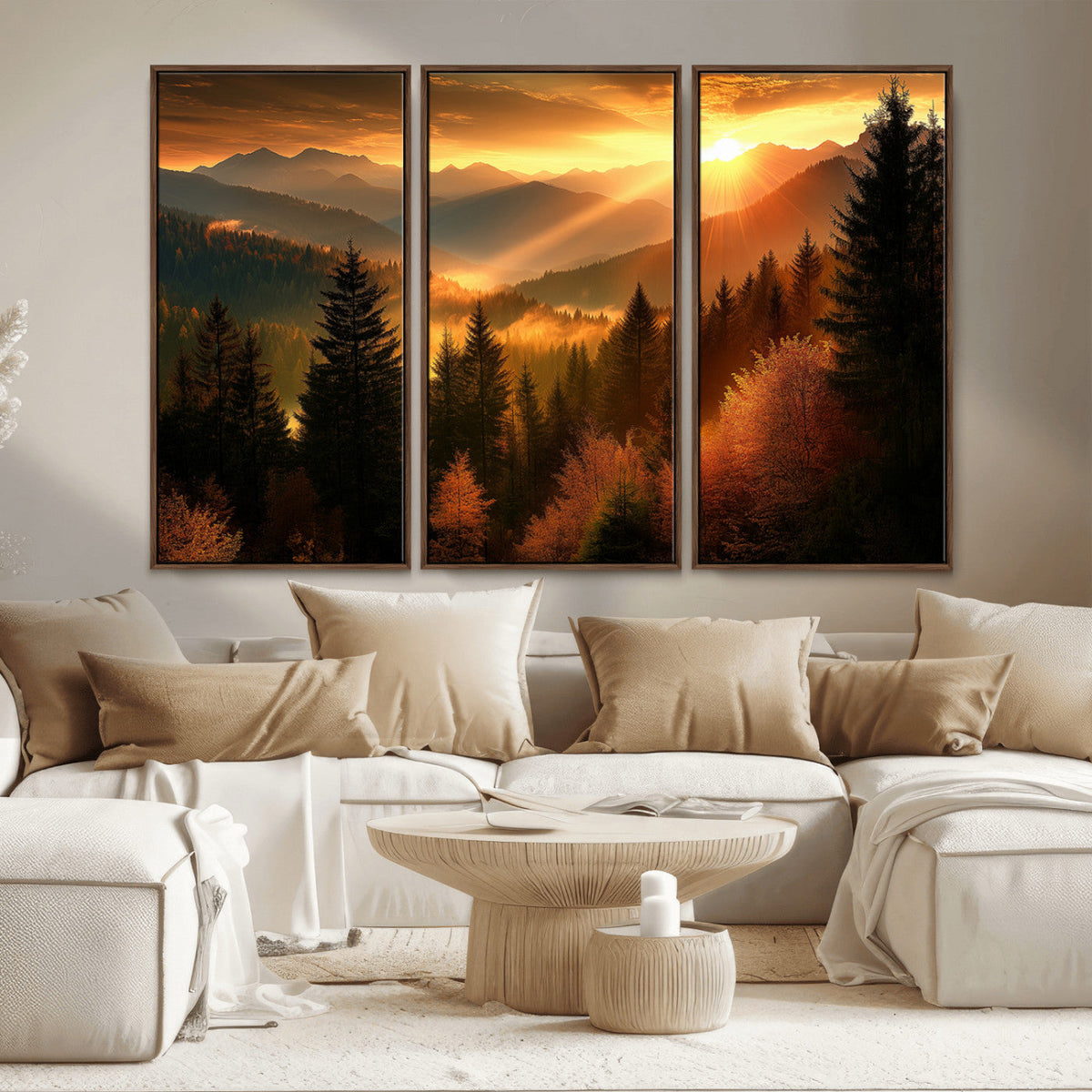 Golden Sunset Over Mountain Forest Canvas Wall Art Print -