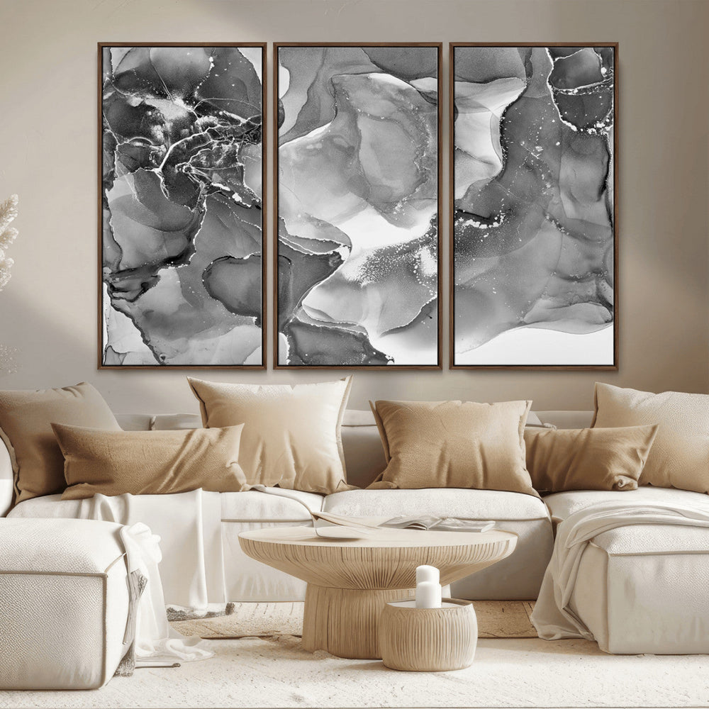 Black White Abstract Canvas Wall Art - Fluid Ink Artwork -