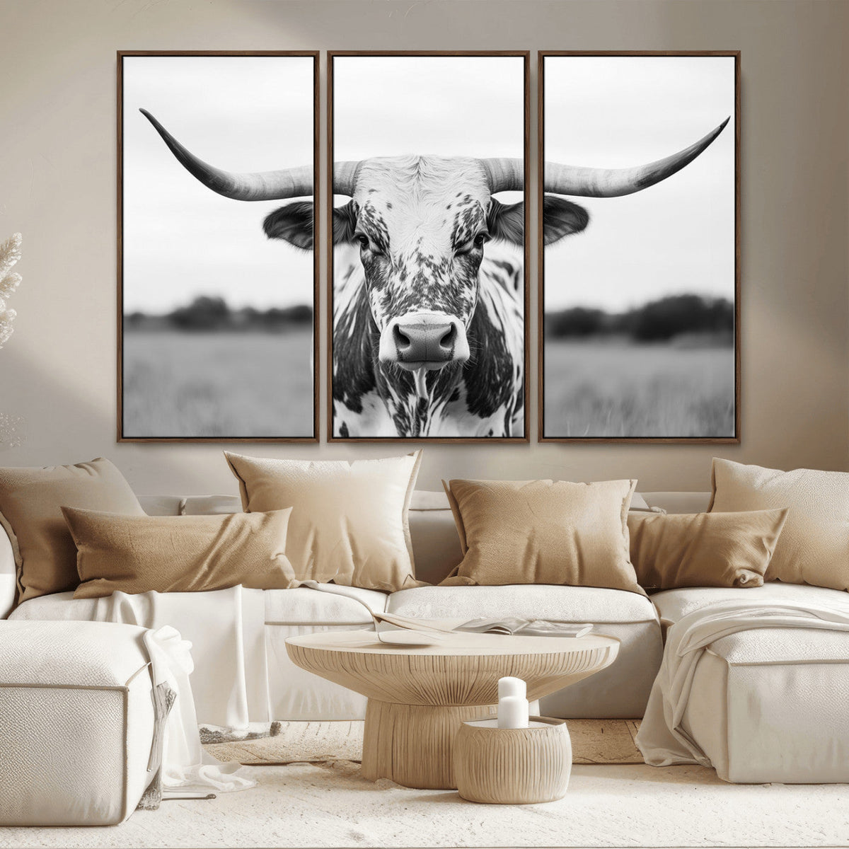 Highland Cow Wall Art Canvas Print – Black and White Western