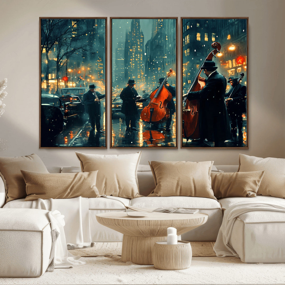 Urban Night Jazz Wall Art Canvas Print – Moody Rain-Soaked