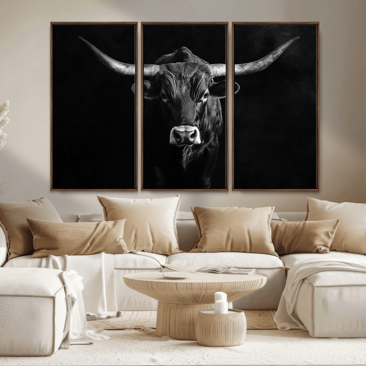 Texas Longhorn Wall Art Canvas Print – Framed Monochrome