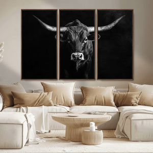 Texas Longhorn Wall Art Canvas Print – Framed Monochrome