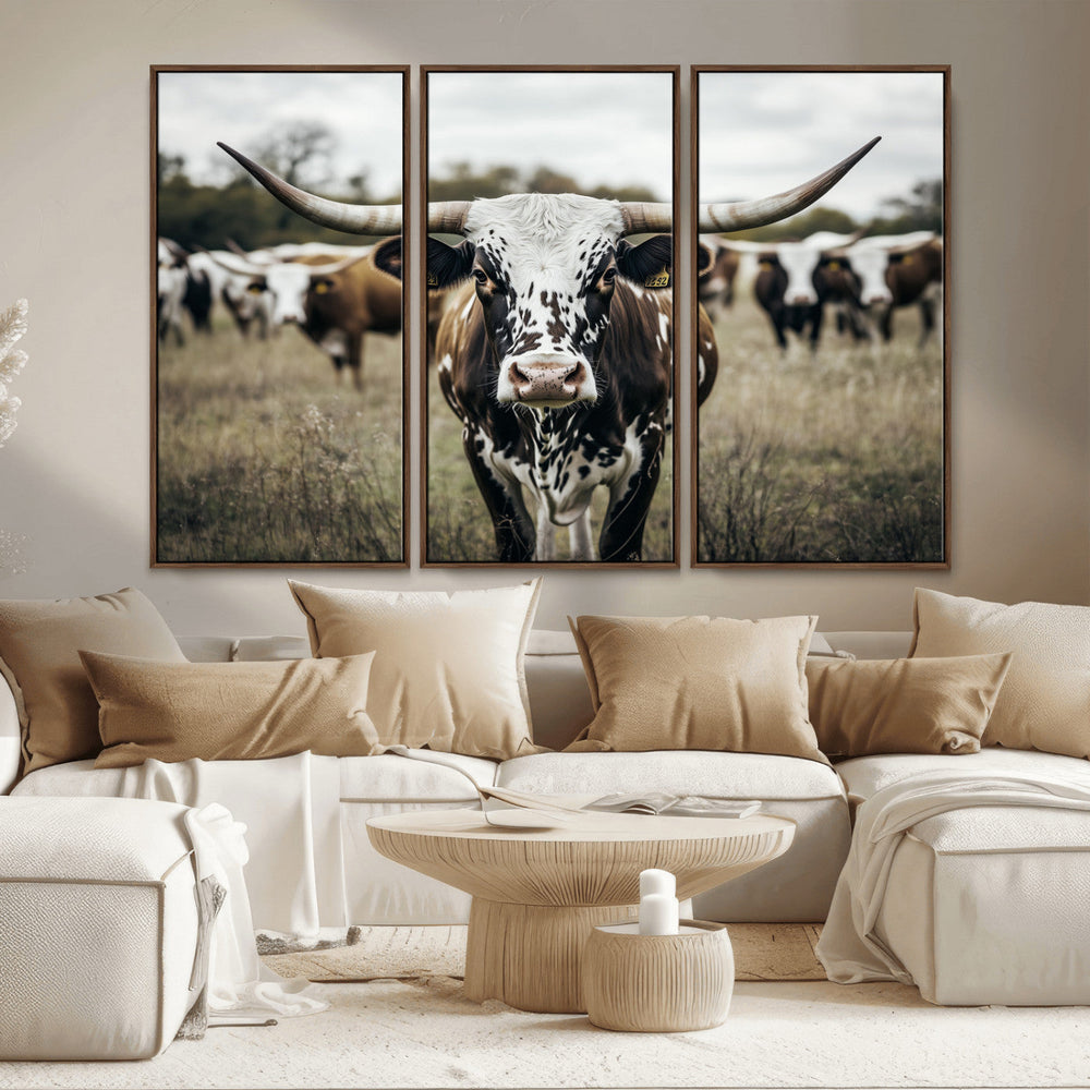 Texas Longhorn Wall Art – Framed Speckled Cow Canvas