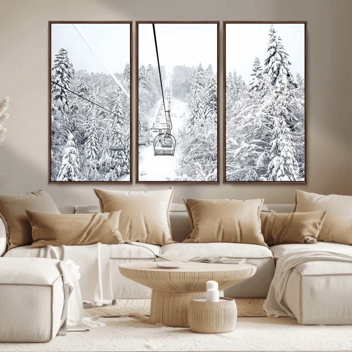Snowy Ski Lift Wall Art – Framed Winter Mountain Canvas