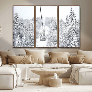 Snowy Ski Lift Wall Art – Framed Winter Mountain Canvas