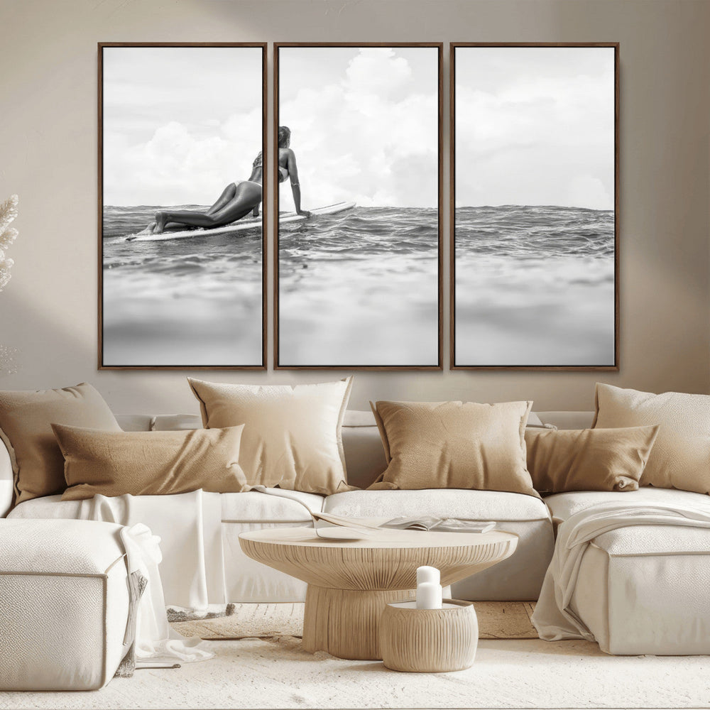 Black and White Surfing Wall Art Canvas Print – Framed Ocean