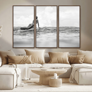 Black and White Surfing Wall Art Canvas Print – Framed Ocean