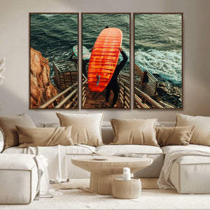 Surfer Stairway Wall Art – Framed Ocean Surf Canvas Artwork,