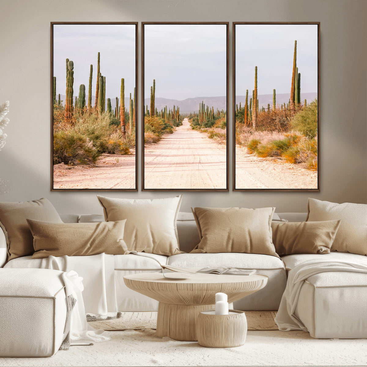 Desert Cactus Lined Road Wall Art Canvas Print – Framed