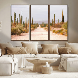 Desert Cactus Lined Road Wall Art Canvas Print – Framed