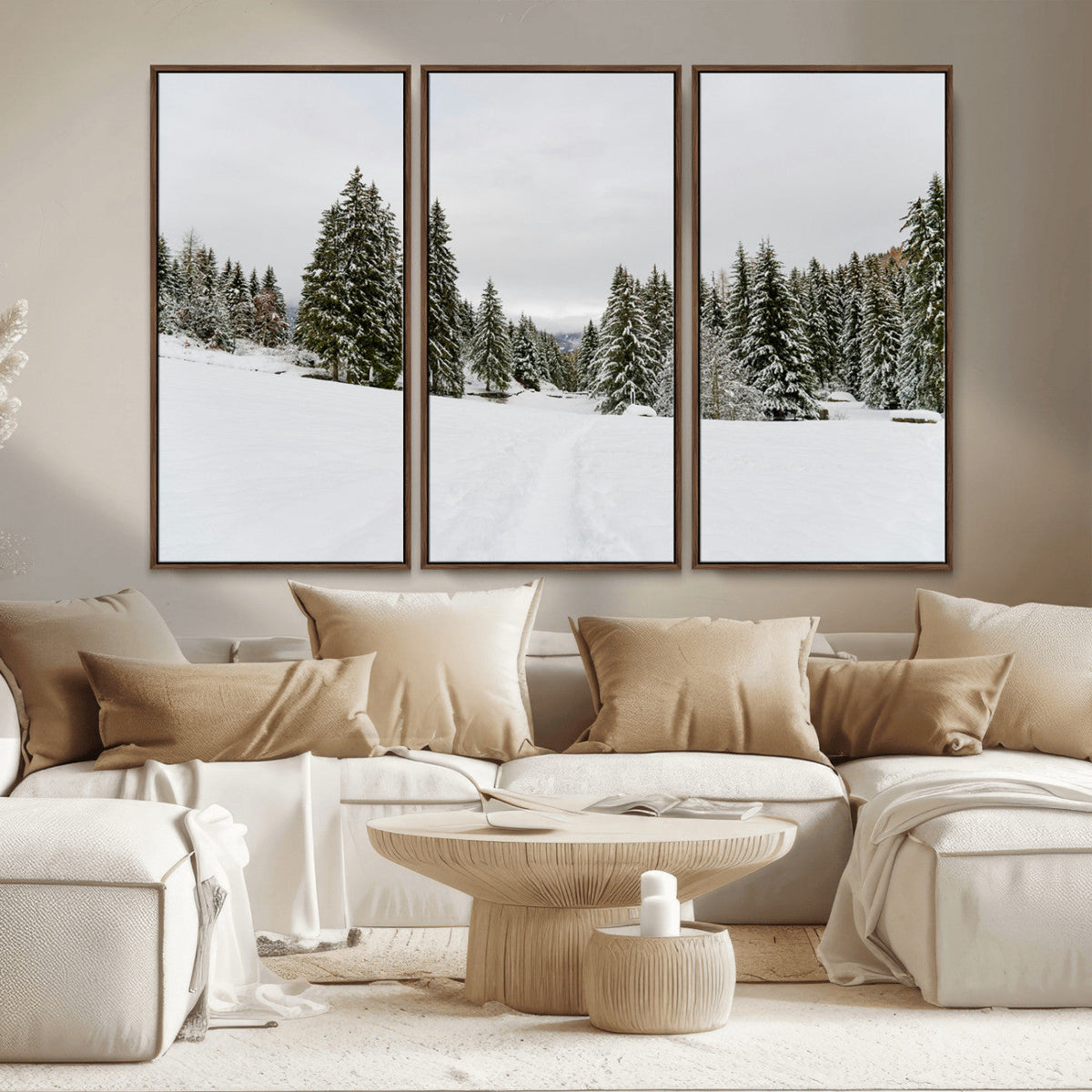 Frosty Pines Wall Art Canvas Print – Framed Silent Snowfall