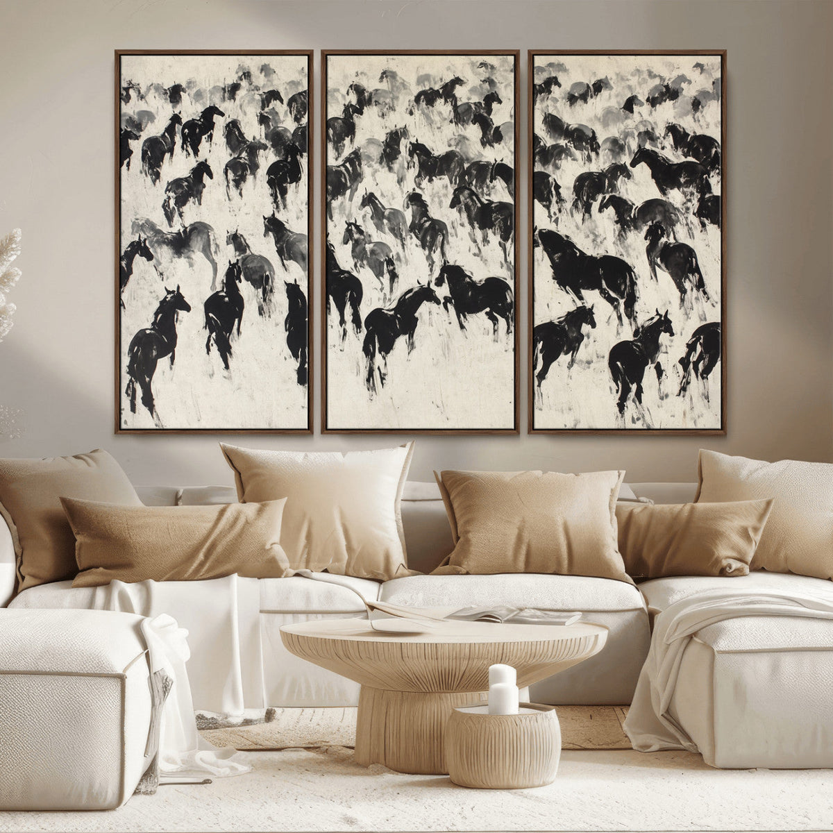 Wild Horse Stampede Wall Art Canvas Print – Monochrome