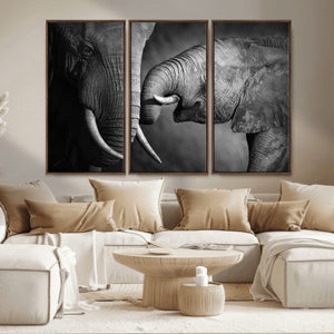 Elephant Family Wall Art Canvas, Framed Elephant Family