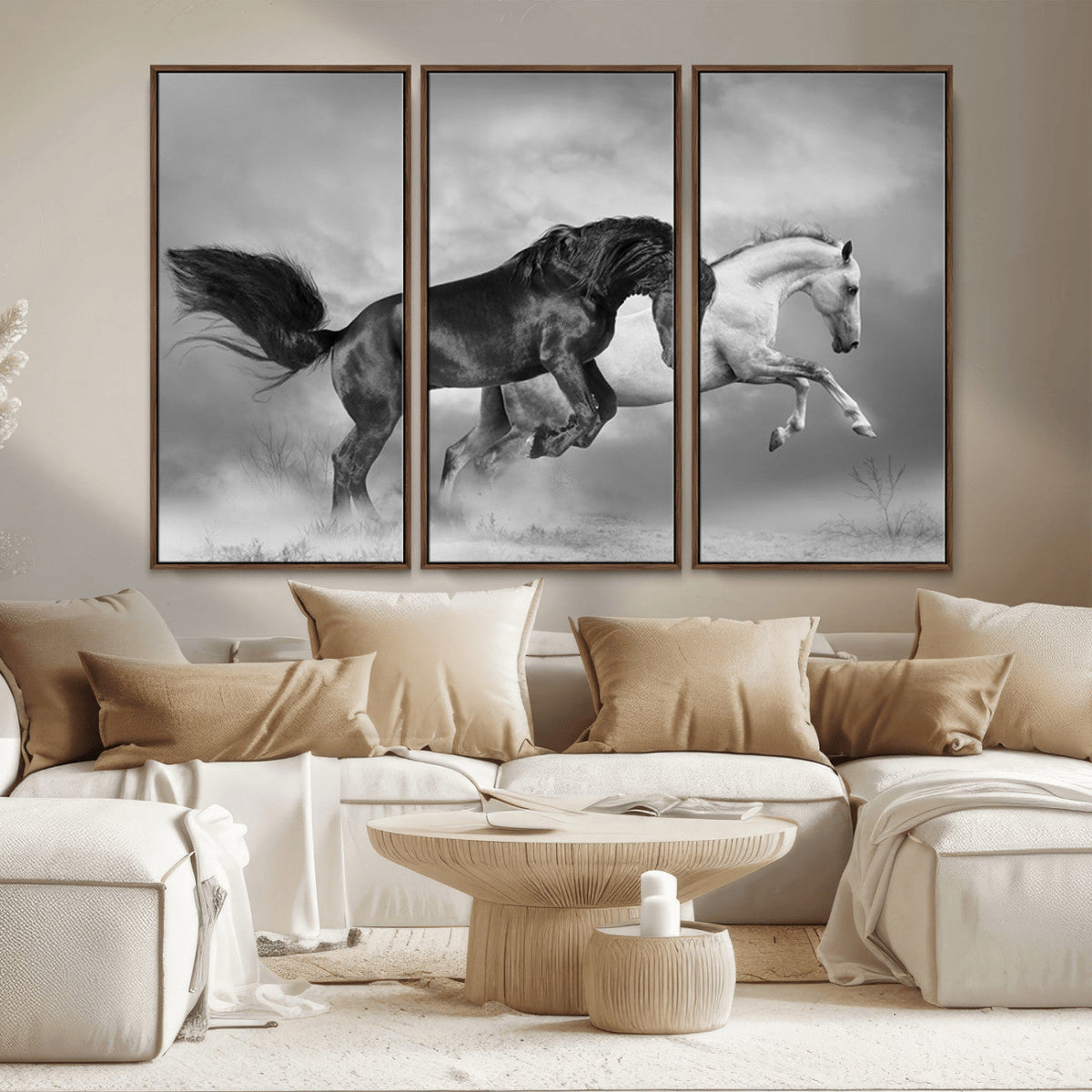 Wild Horses Wall Art Canvas Print – Framed Black and White