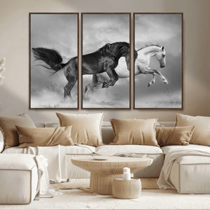 Wild Horses Wall Art Canvas Print – Framed Black and White