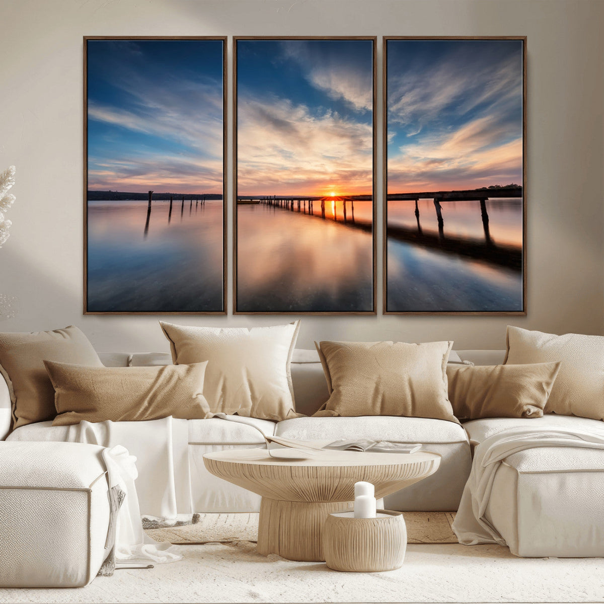 Wooden Pier on Seascape and Sunset Wall Art Canvas Print