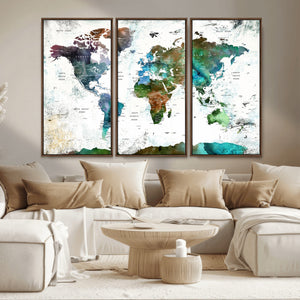 Modern Watercolor World Map Canvas Wall Art – Framed