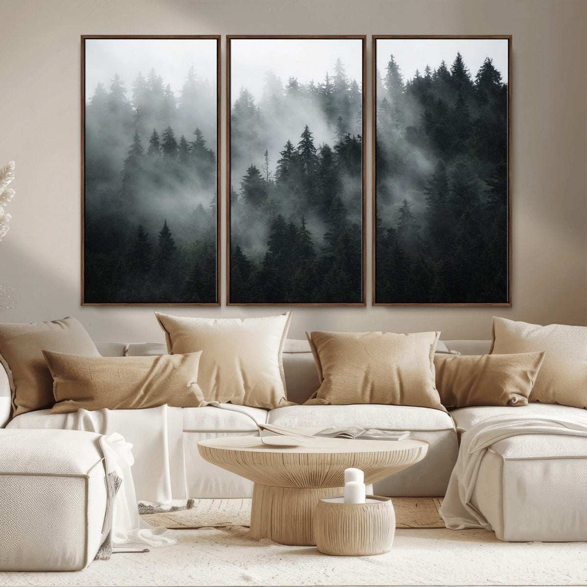 Foggy Forest Wall Art Canvas Print | 3 Panel Large Misty