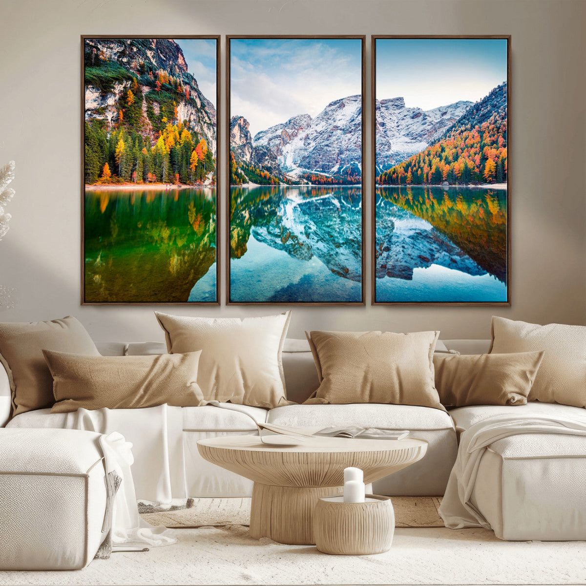 Spectacular autumn view of Braies Lake Wall Art Canvas Print