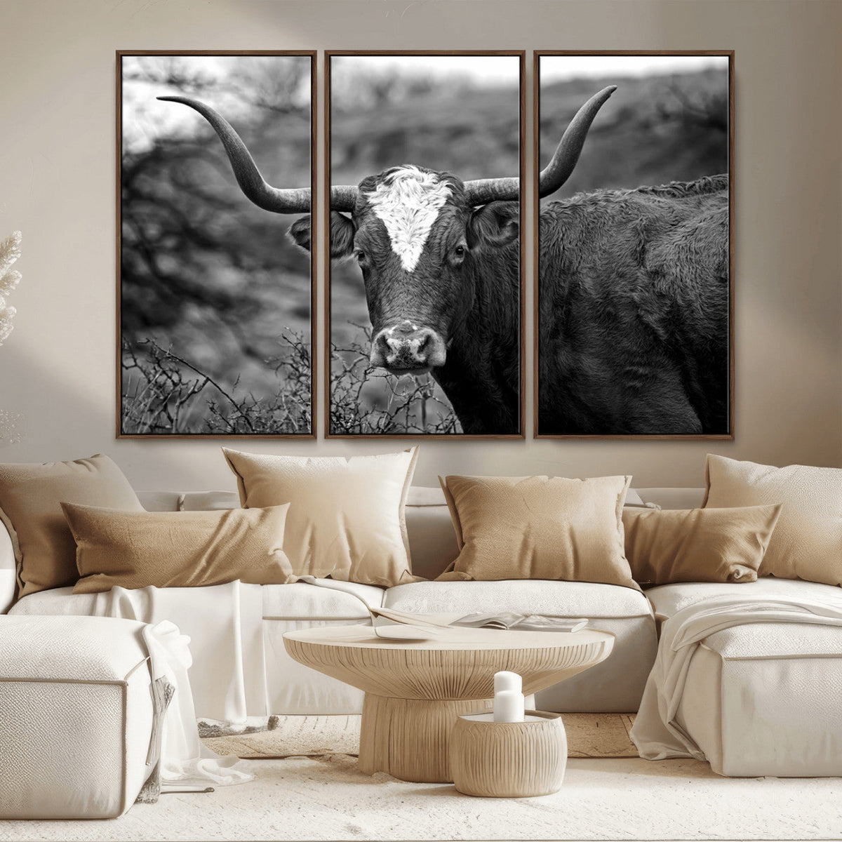 Western Home Wall Art Canvas Print, Framed Texas Longhorn