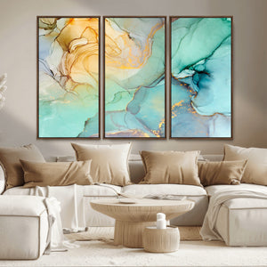 Abstract Aqua and Gold Fluid Wall Art Canvas | 3 Panel Large