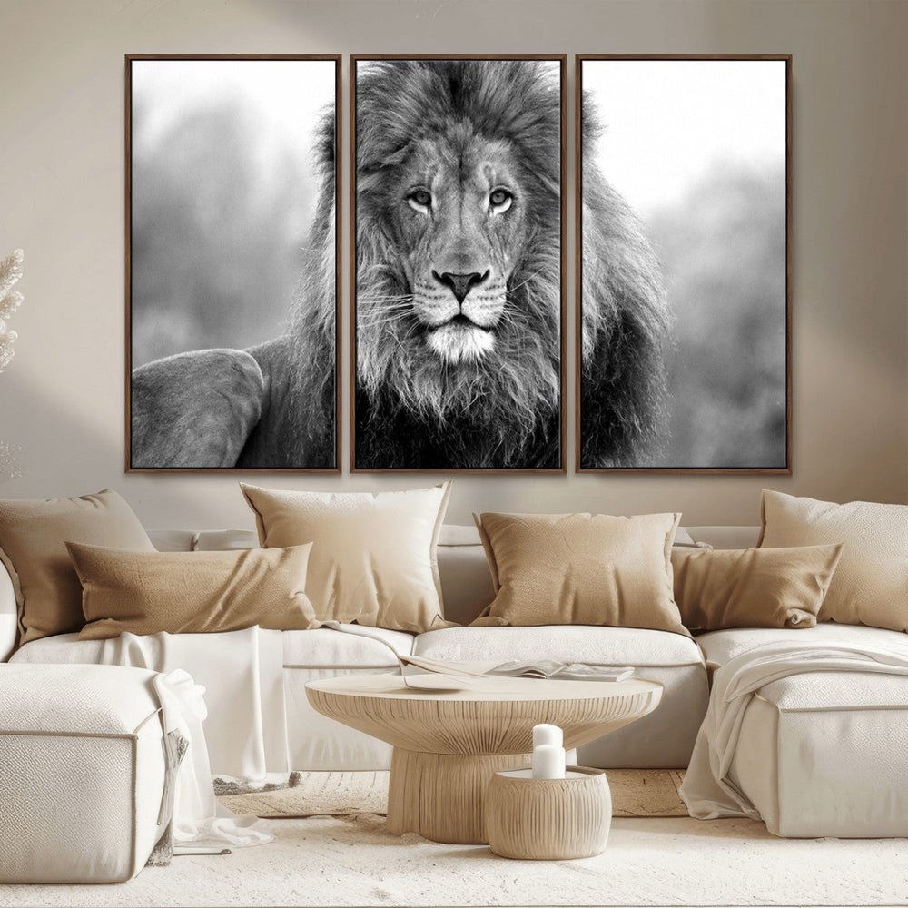 Black and White Lion Canvas Wall Art – Animal Print Artwork