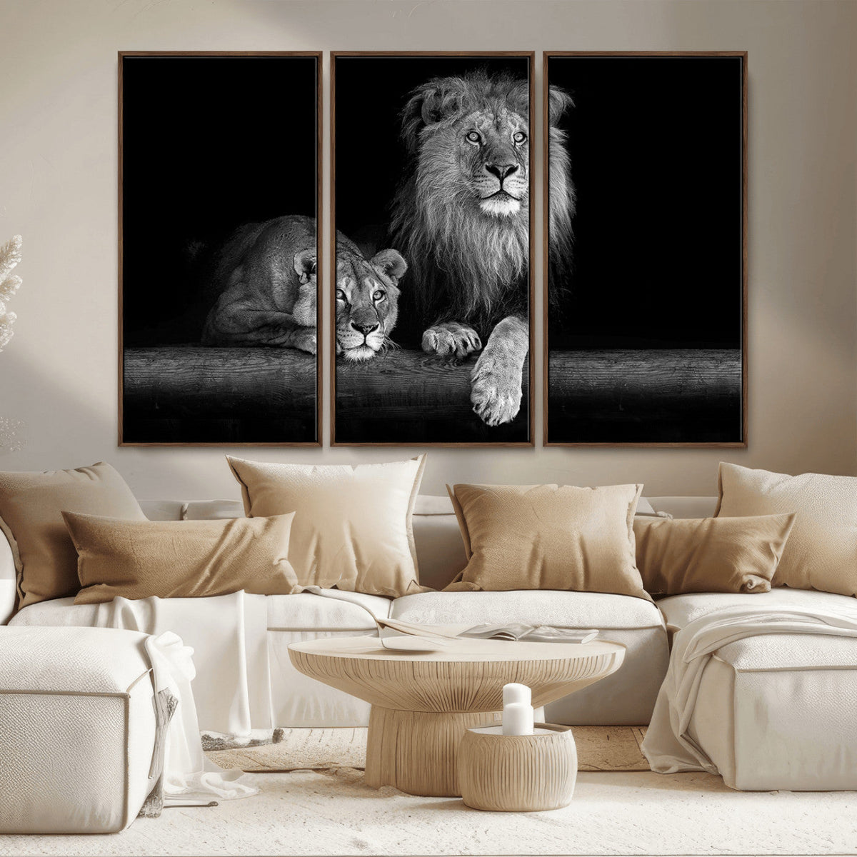 Large Black and White Lion Couple Wall Art Canvas Print –
