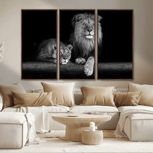 Large Black and White Lion Couple Wall Art Canvas Print –