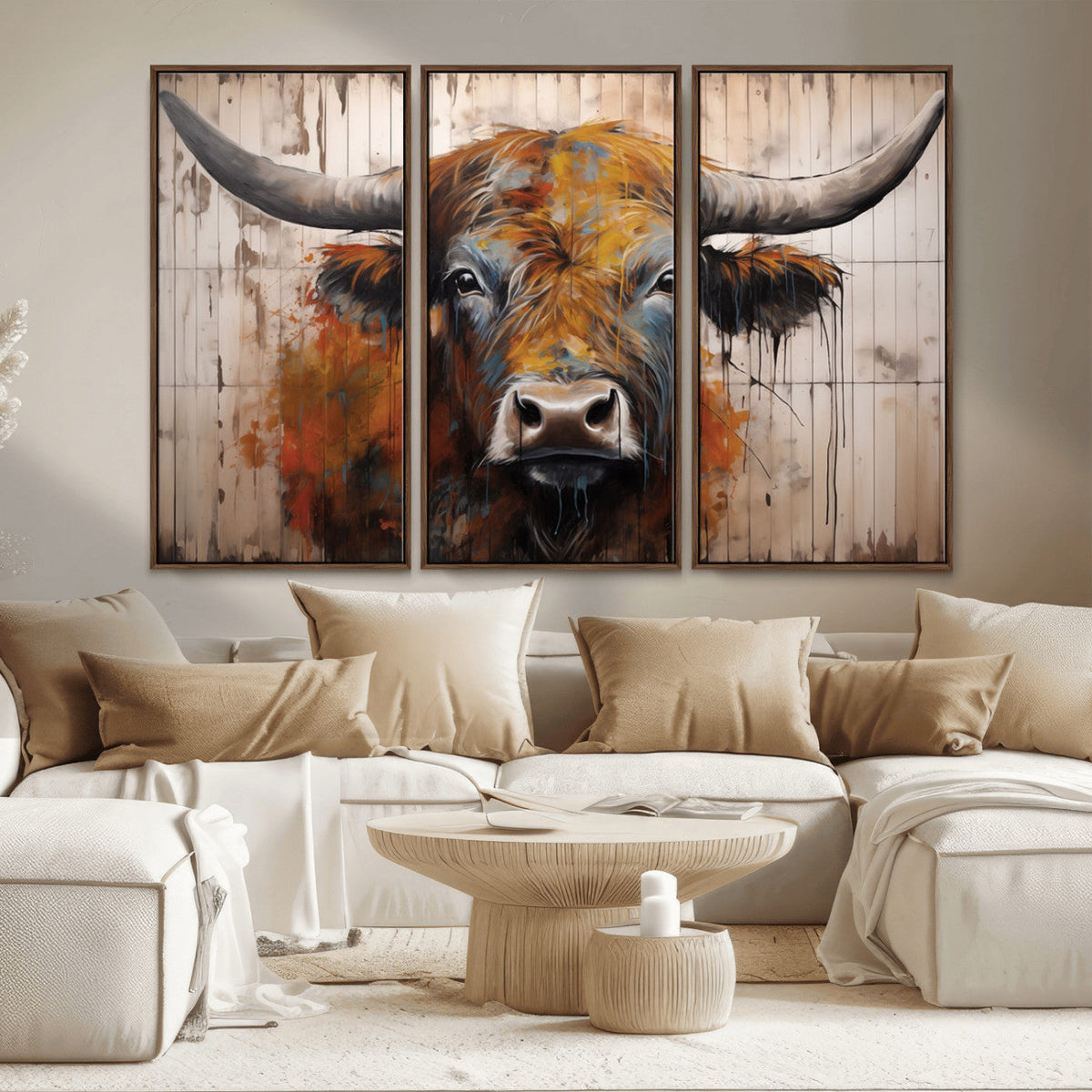 Abstract Bull Highland Cow Canvas Wall Art Print – Vibrant