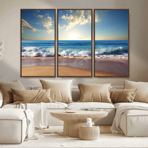 Serene Ocean Sunset Canvas Wall Art - Beach Waves at Sunset,