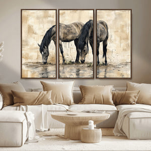 Chinese Style Abstract Black Horses Wall Art Canvas Print -