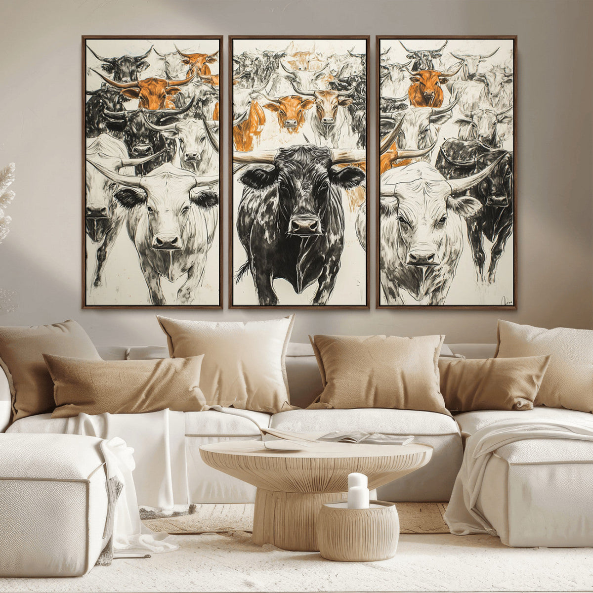 Farmhouse Wall Art | Western Longhorn Cattle Canvas Print |