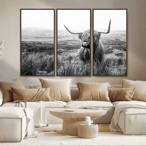 Scottish Highland Cow Wall Art | Black and White Canvas