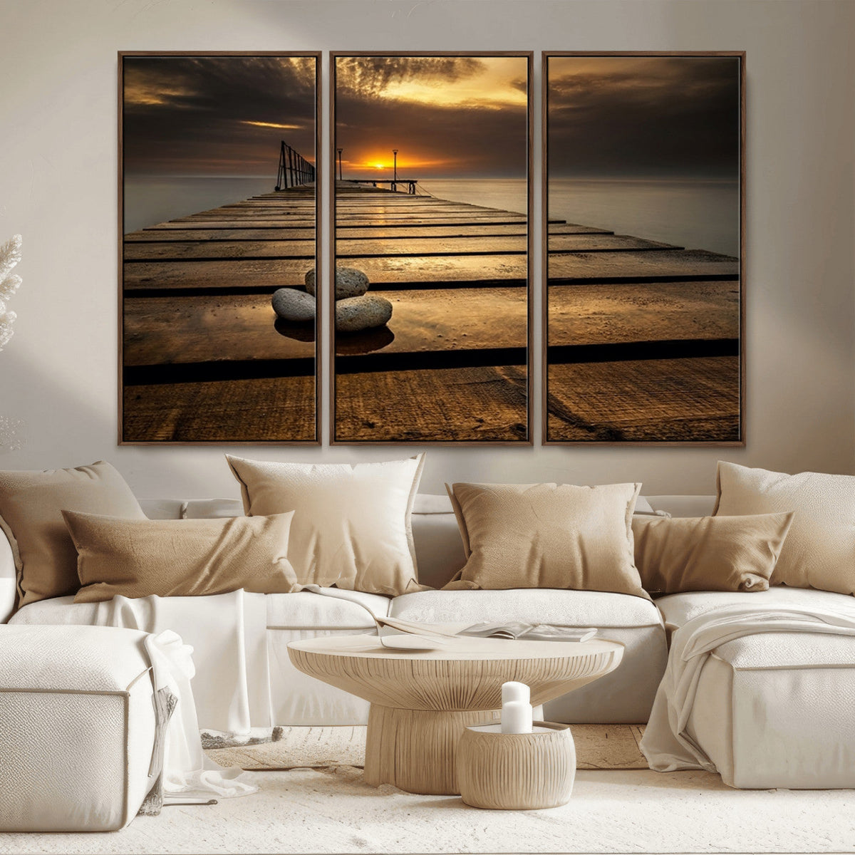 Stones on Wooden Pier at Sunset Canvas Print, Serene Coastal