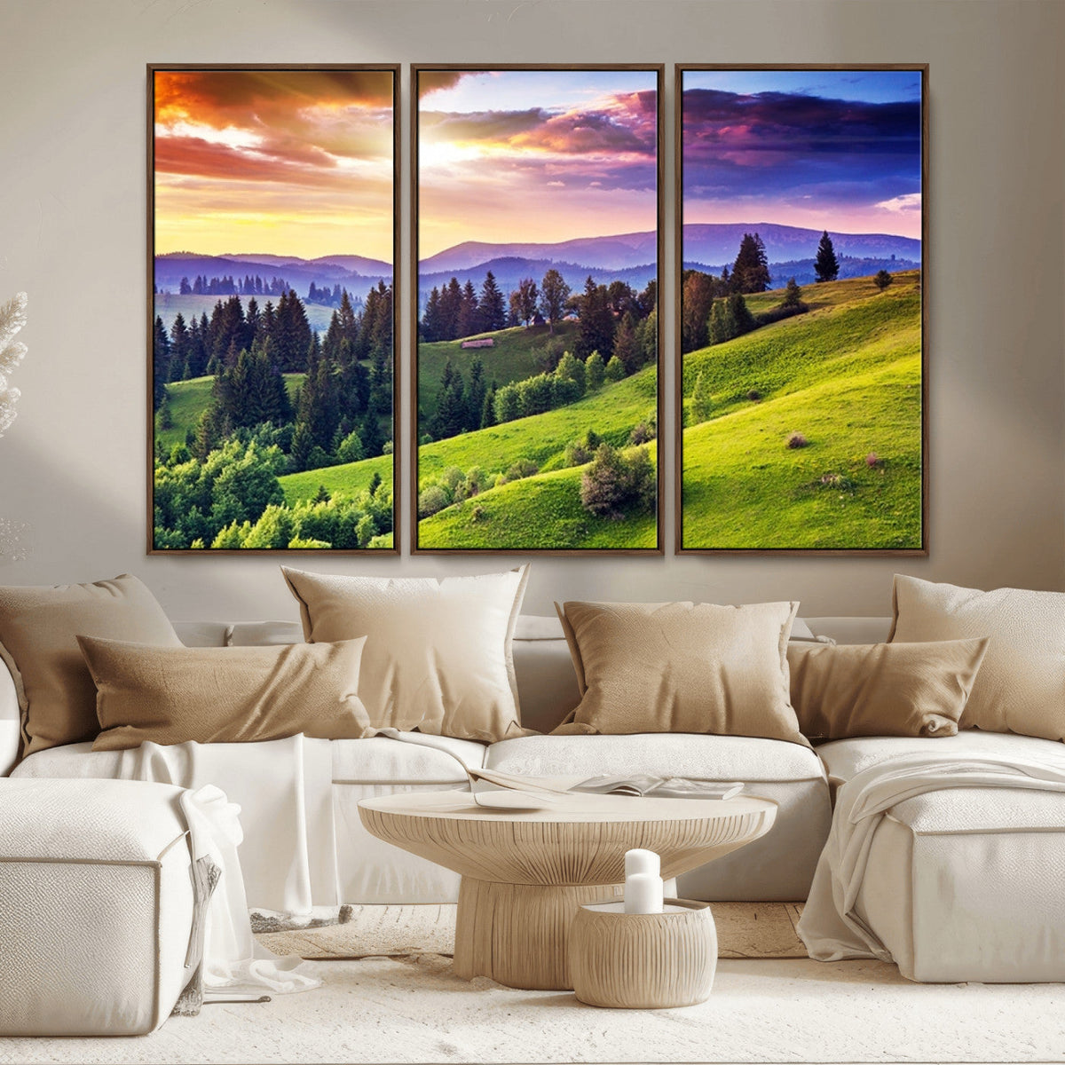 Green Hills and Sunset Wall Art Print - Scenic Landscape