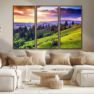 Green Hills and Sunset Wall Art Print - Scenic Landscape