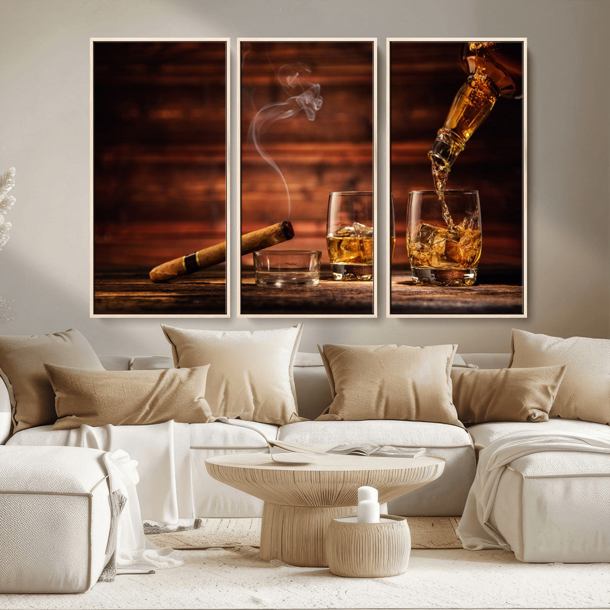 Whiskey and Cigar Wall Art Canvas | 3 Panel Bar Room Decor