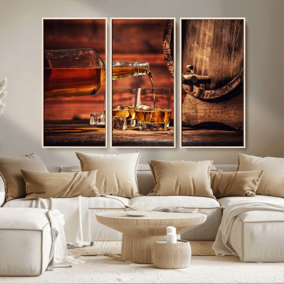 Whiskey and Cigar Canvas Wall Art | 3 Panel Bar Room Decor