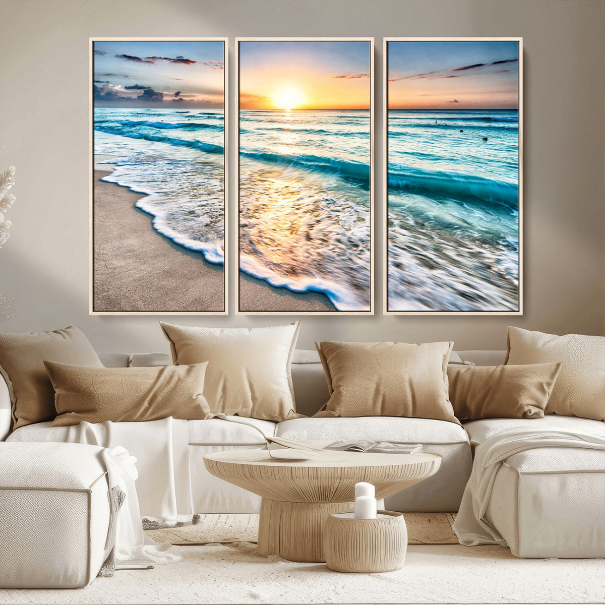 Sunset Beach Waves Canvas Wall Art – 5-Panel Ocean Sunset
