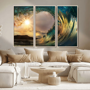 Golden Wave Sunset Canvas Print – Large Coastal Wall Art for