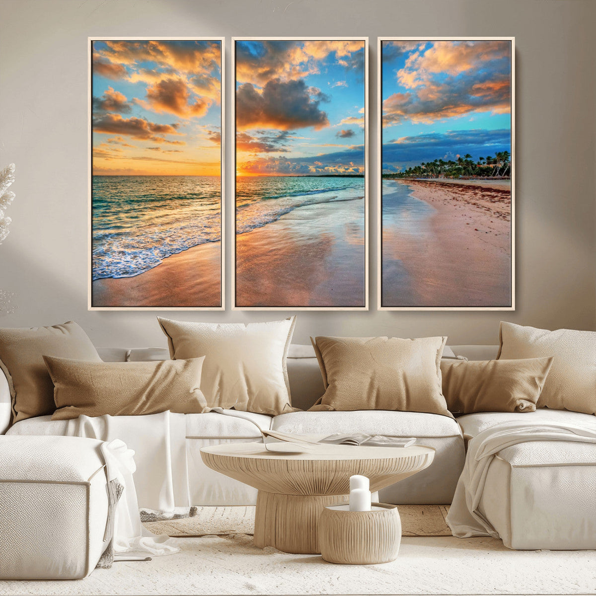 Sunset Ocean Waves on Tropical Beach, 3-Panel Giclee Canvas
