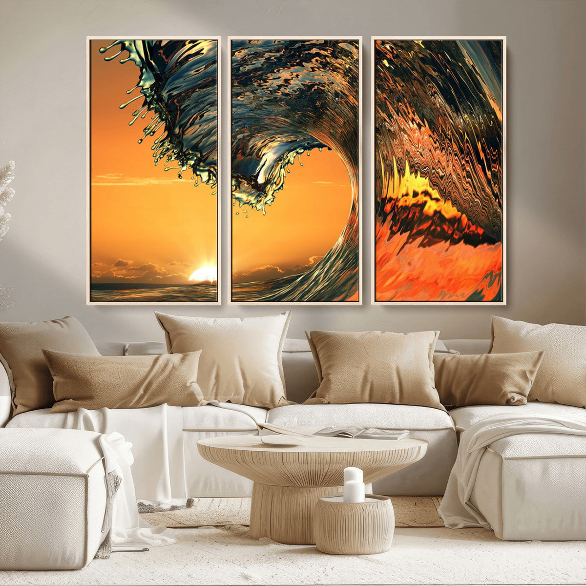 Surf Wave Sunset Canvas Wall Art Print, 3-Panel Ocean